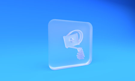 Frosted glass Watering can icon isolated on blue background. Irrigation symbol. Square frosted glass...