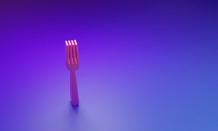 Pink Fork icon isolated on purple-blue background. Cutlery symbol. Minimalism concept. 3D render...