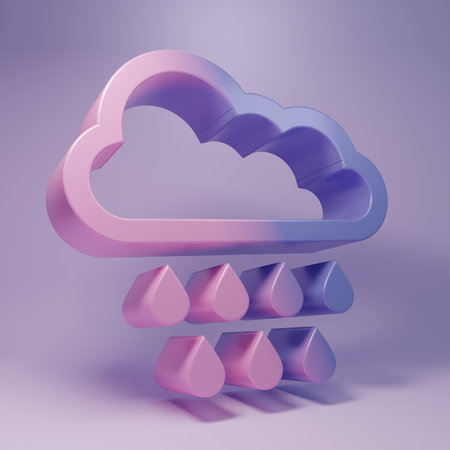 Purple Cloud with rain icon isolated on purple background. Rain cloud precipitation with rain drops. Minimalism concept. 3D render illustration.の写真素材