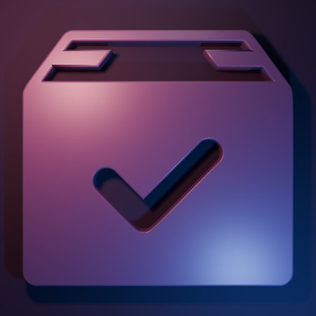 Purple Package box with check mark icon isolated on purple-blue background. Parcel box with checkmark. Approved delivery or successful package receipt. Minimalism concept. 3D render illustration.の写真素材