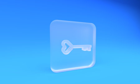 Frosted glass Key in heart shape icon isolated on blue background. Valentines day symbol. Square frosted glass button. 3D render illustration.の写真素材