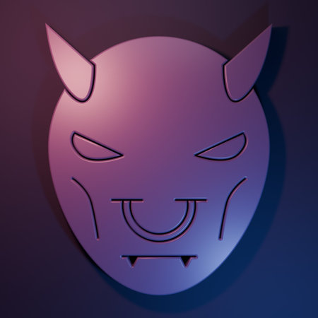 Purple Mask of the devil with horns icon isolated on purple-blue background. Minimalism concept. 3D render illustration.の写真素材