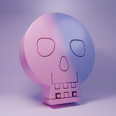 Purple Skull icon isolated on purple background. Happy Halloween party. Minimalism concept. 3D...