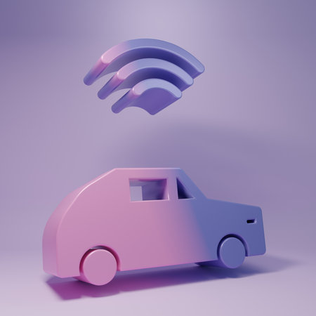 Purple Smart car system with wireless connection icon isolated on purple background. Minimalism concept. 3D render illustration.の写真素材