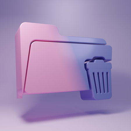 Purple Delete folder icon isolated on purple background. Folder with recycle bin. Delete or error folder. Close computer information folder. Minimalism concept. 3D render illustration.の写真素材