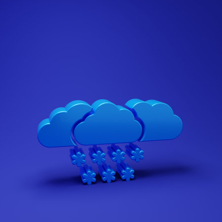 Blue Cloud with snow icon isolated on blue background. Cloud with snowflakes. Single weather icon. Snowing sign. Minimalism concept. 3D render illustration.の写真素材