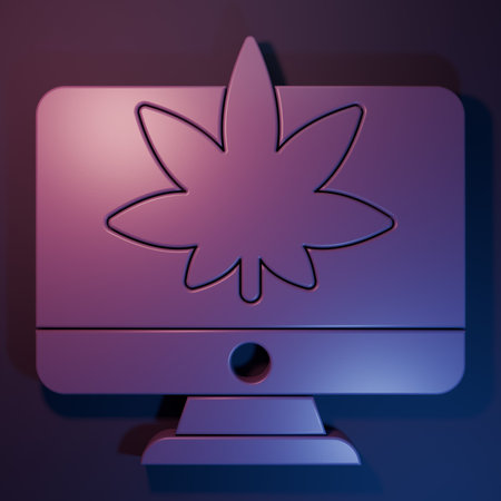 Purple Computer monitor and leaf icon isolated on purple-blue background. Online buying. Supermarket basket. Minimalism concept. 3D render illustration.の写真素材