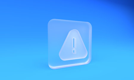 Frosted glass Exclamation mark in triangle icon isolated on blue background. Hazard warning sign,...