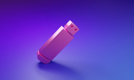 Pink USB flash drive icon isolated on purple-blue background. Minimalism concept. 3D render illustration.の写真素材