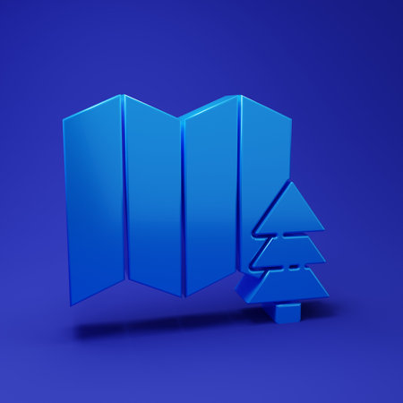 Blue Location of the forest on a map icon isolated on blue background. Minimalism concept. 3D render...