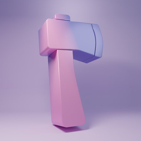 Purple Wooden ax icon isolated on purple background. Lumberjack axe. Minimalism concept. 3D render illustration.の写真素材