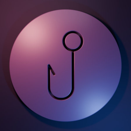 Purple Fishing hook icon isolated on purple-blue background. Fishing tackle. Minimalism concept. 3D...