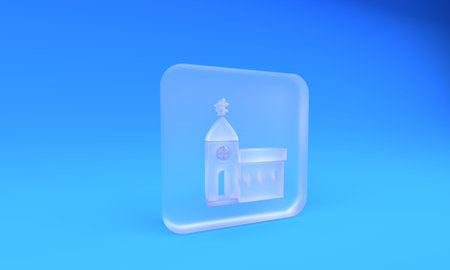 Frosted glass Church building icon isolated on blue background. Christian Church. Religion of...