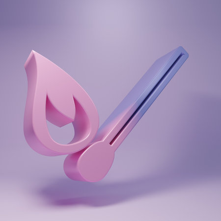 Purple Burning match with fire icon isolated on purple background. Match with fire. Matches sign. Minimalism concept. 3D render illustration.の写真素材