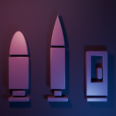 Purple Bullet and cartridge icon isolated on purple-blue background. Minimalism concept. 3D render...