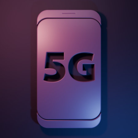 Purple Mobile with 5G new wireless internet wifi icon isolated on purple-blue background. Global...