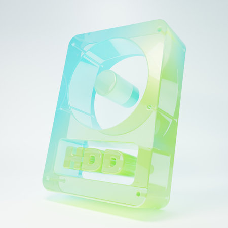 Frosted glass Hard disk drive HDD icon isolated on white background. Minimalism concept. 3D render...