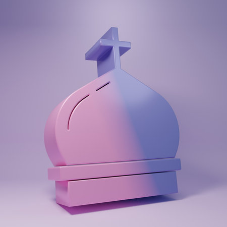 Purple church tower icon isolated on purple background. Minimalism concept. 3D render illustration.の写真素材