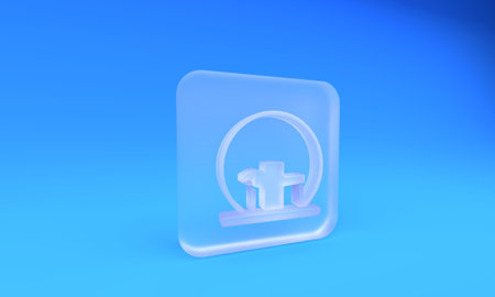 Frosted glass icon isolated on blue background. Square frosted glass button. 3D render illustration.の写真素材