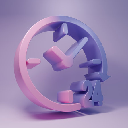 Purple Clock 24 hours icon isolated on purple background. All day cyclic icon. 24 hours service symbol. Minimalism concept. 3D render illustration.の写真素材