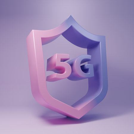 Purple Protective shield 5G wireless internet wifi icon isolated on purple background. Global...