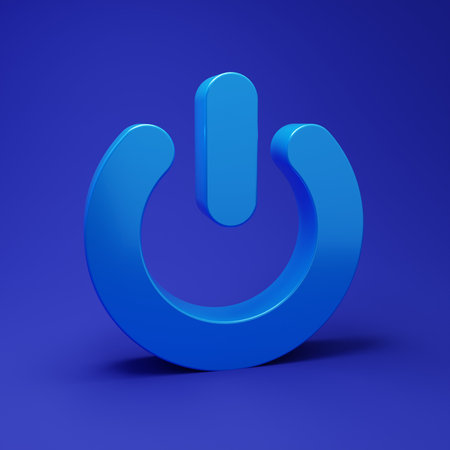 Blue Power button icon isolated on blue background. Start sign. Minimalism concept. 3D render illustration.の写真素材