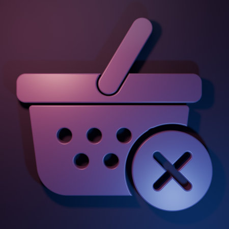 Purple Remove shopping basket icon isolated on purple-blue background. Online buying concept. Delivery service sign. Supermarket basket and X mark. Minimalism concept. 3D render illustration.の写真素材