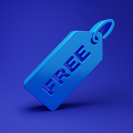 Blue Price tag with an inscription Free icon isolated on blue background. Badge for price. Promo tag discount. Minimalism concept. 3D render illustration.の写真素材