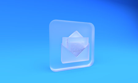 Frosted glass Envelope icon isolated on blue background. Email message letter symbol. Square frosted glass button. 3D render illustration.の写真素材