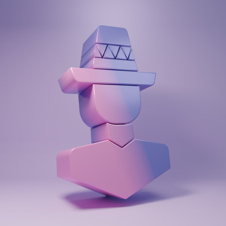 Purple Mexican man wearing sombrero icon isolated on purple background. Hispanic man with a mustache. Minimalism concept. 3D render illustration.の写真素材