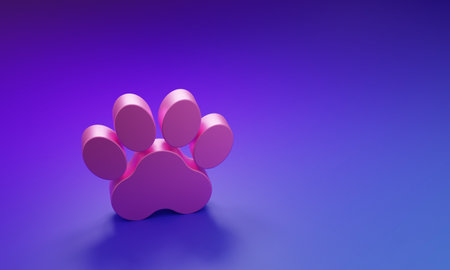 Pink Paw print icon isolated on purple-blue background. Dog or cat paw print. Animal track. Minimalism concept. 3D render illustration.の写真素材