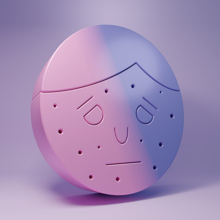 Purple Face with psoriasis or eczema icon isolated on purple background. Concept of human skin response to allergen or chronic body problem. Minimalism concept. 3D render illustration.の写真素材