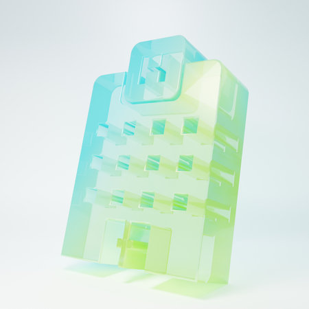 Frosted glass Medical hospital building with cross icon isolated on white background. Medical center. Health care. Minimalism concept. 3D render illustration.の写真素材