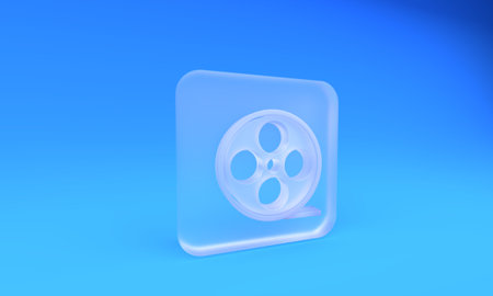 Frosted glass Film reel icon isolated on blue background. Square frosted glass button. 3D render illustration.の写真素材