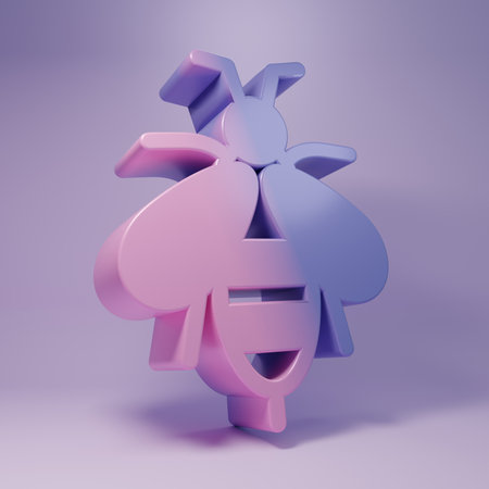 Purple Bee icon isolated on purple background. Sweet natural food. Honeybee or apis with wings symbol. Flying insect. Minimalism concept. 3D render illustration.の写真素材