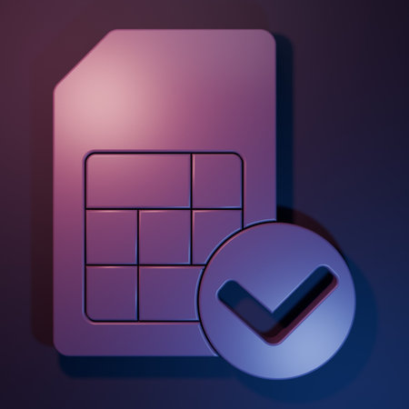 Purple Sim card icon isolated on purple-blue background. Mobile cellular phone sim card chip. Mobile telecommunications technology symbol. Minimalism concept. 3D render illustration.の写真素材