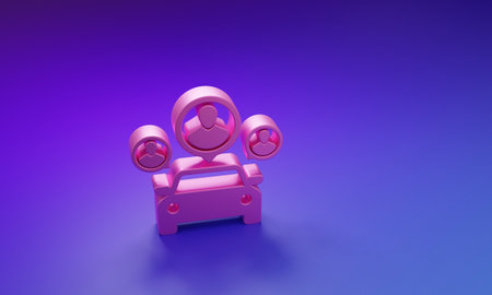 Pink Car sharing with group of people icon isolated on purple-blue background. Carsharing sign. Transport rental service concept. Minimalism concept. 3D render illustration.の写真素材