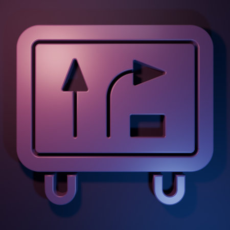 Purple Road traffic sign. Signpost icon isolated on purple-blue background. Pointer symbol. Isolated...