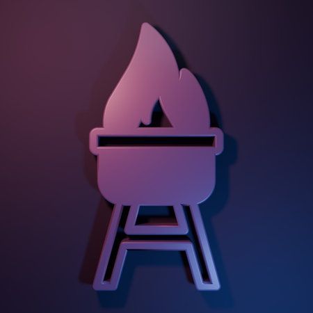 Purple Barbecue grill icon isolated on purple-blue background. BBQ grill party. Minimalism concept. 3D render illustration.の写真素材