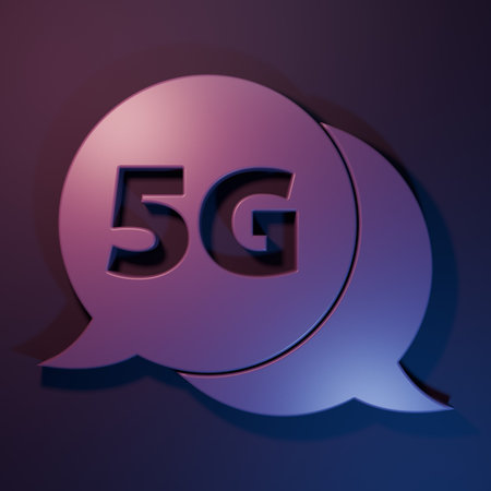 Purple 5G new wireless internet wifi connection icon isolated on purple-blue background. Global...