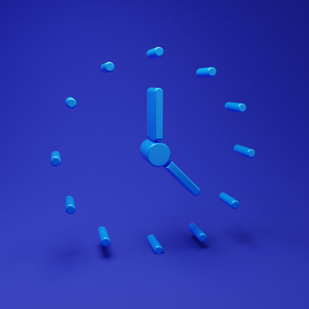 Blue Clock icon isolated on blue background. Time symbol. Minimalism concept. 3D render...