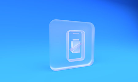 Frosted glass Smartphone battery charge icon isolated on blue background. Phone with a low battery...