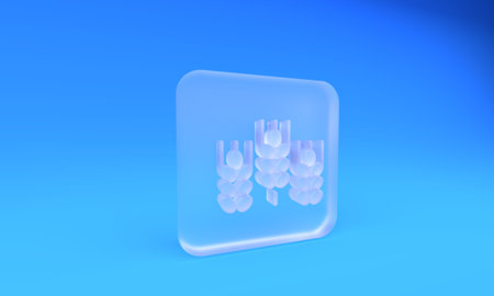 Frosted glass Cereals set with rice, wheat, corn, oats, rye, barley icon isolated on blue...