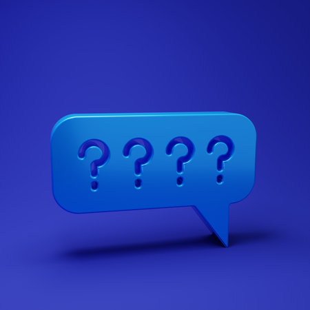 Blue Speech bubbles with Question icon isolated on blue background. FAQ sign. Chat speech bubble and chart. Minimalism concept. 3D render illustration.の写真素材