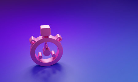 Pink Stopwatch icon isolated on purple-blue background. Time timer sign. Chronometer sign Minimalism concept. 3D render illustration.の写真素材