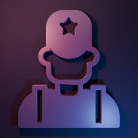 Purple Sheriff cowboy hat with star badge icon isolated on purple-blue background. Police officer Minimalism concept. 3D render illustration.の写真素材