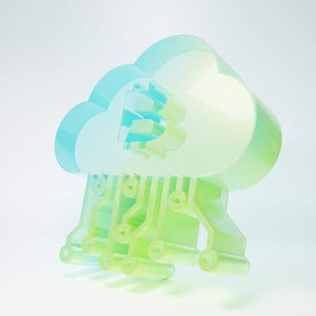 Frosted glass Cryptocurrency cloud mining icon isolated on white background. Blockchain technology,...