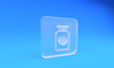 Frosted glass Tube of hand cream icon isolated on blue background. Square frosted glass button. 3D...