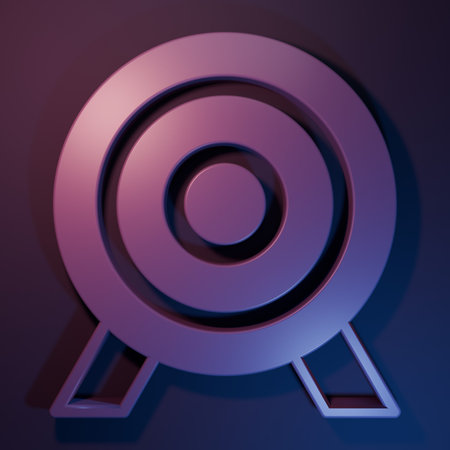 Purple Target financial goal concept icon isolated on purple-blue background. Symbolic goals achievement, success. Minimalism concept. 3D render illustration.の写真素材