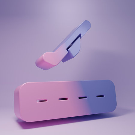 Purple Plane takeoff icon isolated on purple background. Airplane transport symbol. Minimalism concept. 3D render illustration.の写真素材